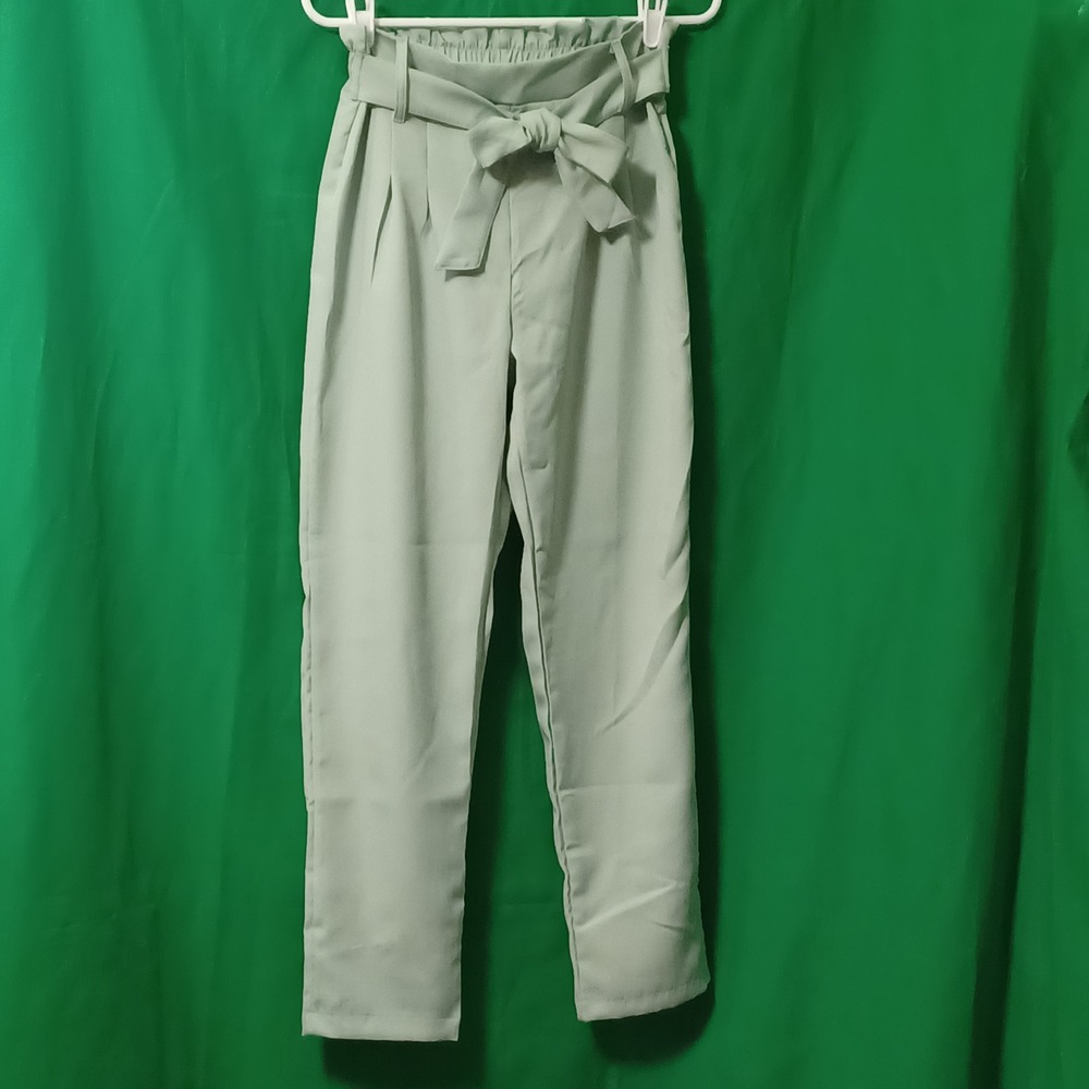 Renaluci Mint Green Paperbag Waist‎ Pants High Rise Tie Belt Tapered Leg Size P